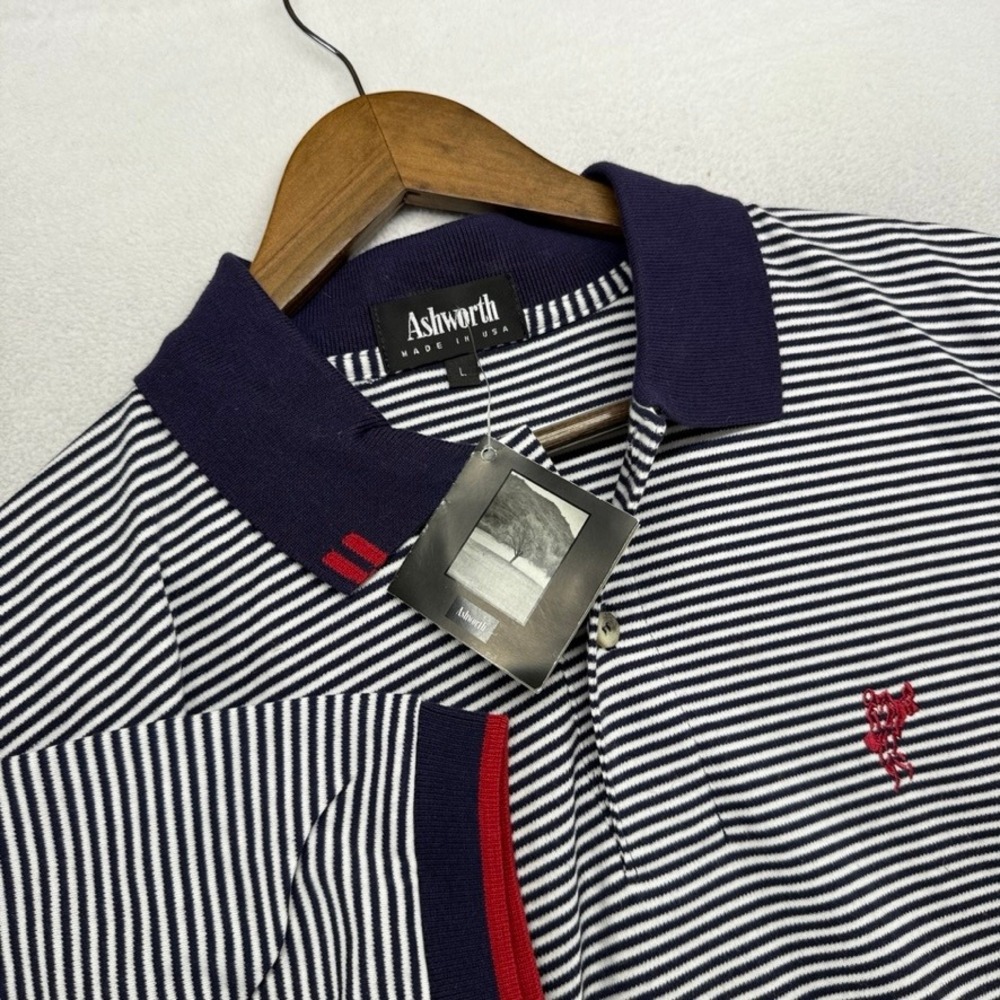 Vintage Ashworth Polo Shirt Mens Large Blue White Striped Knit Made In USA 90s